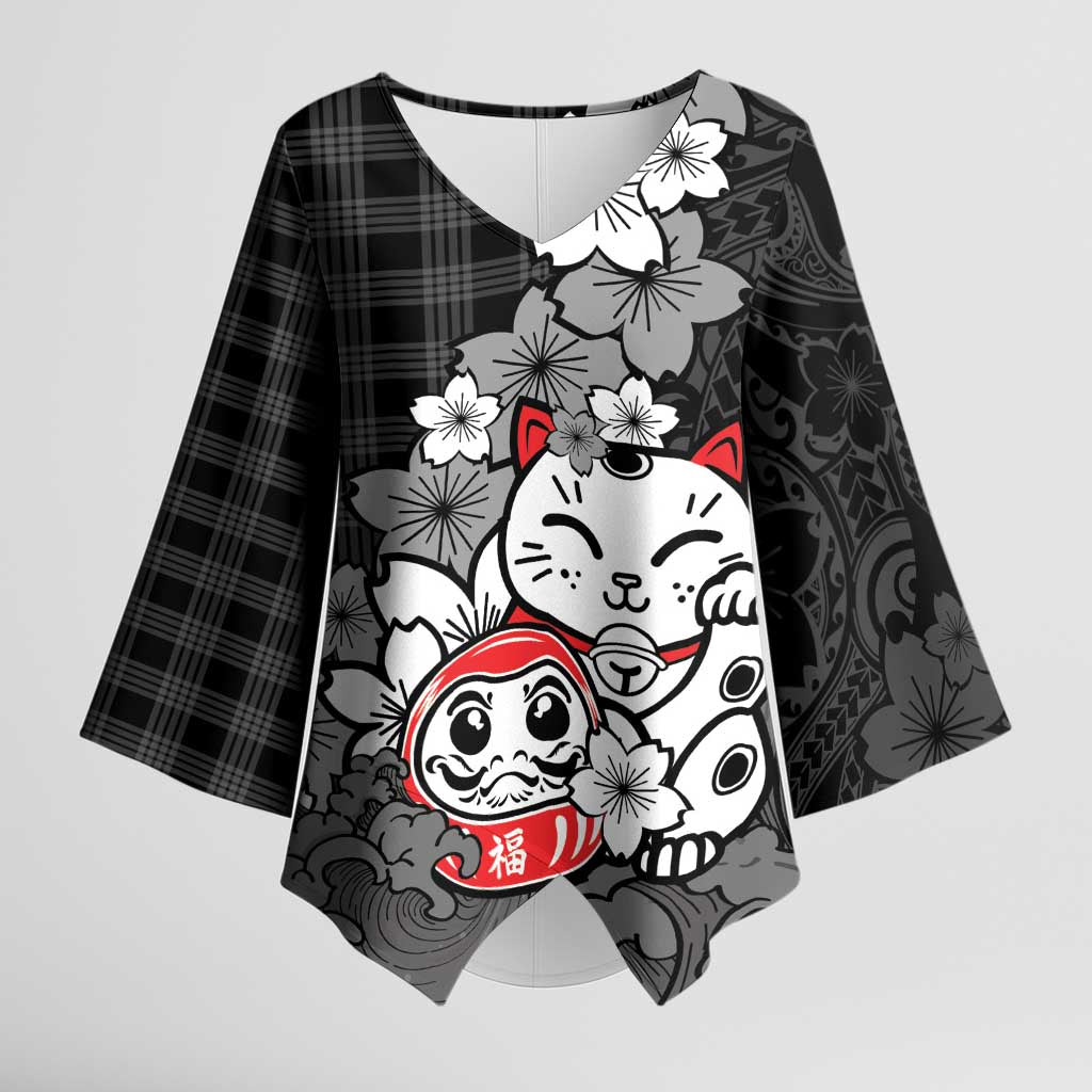 Black Palaka Hawaiian And Japanese Kimono Sleeve Blouse Maneki Neko And Sakura Bloom DT05 Female Black - Polynesian Pride