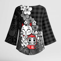 Black Palaka Hawaiian And Japanese Kimono Sleeve Blouse Maneki Neko And Sakura Bloom DT05 - Polynesian Pride