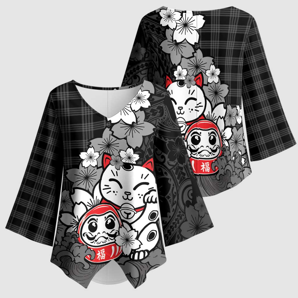 Black Palaka Hawaiian And Japanese Kimono Sleeve Blouse Maneki Neko And Sakura Bloom DT05 - Polynesian Pride