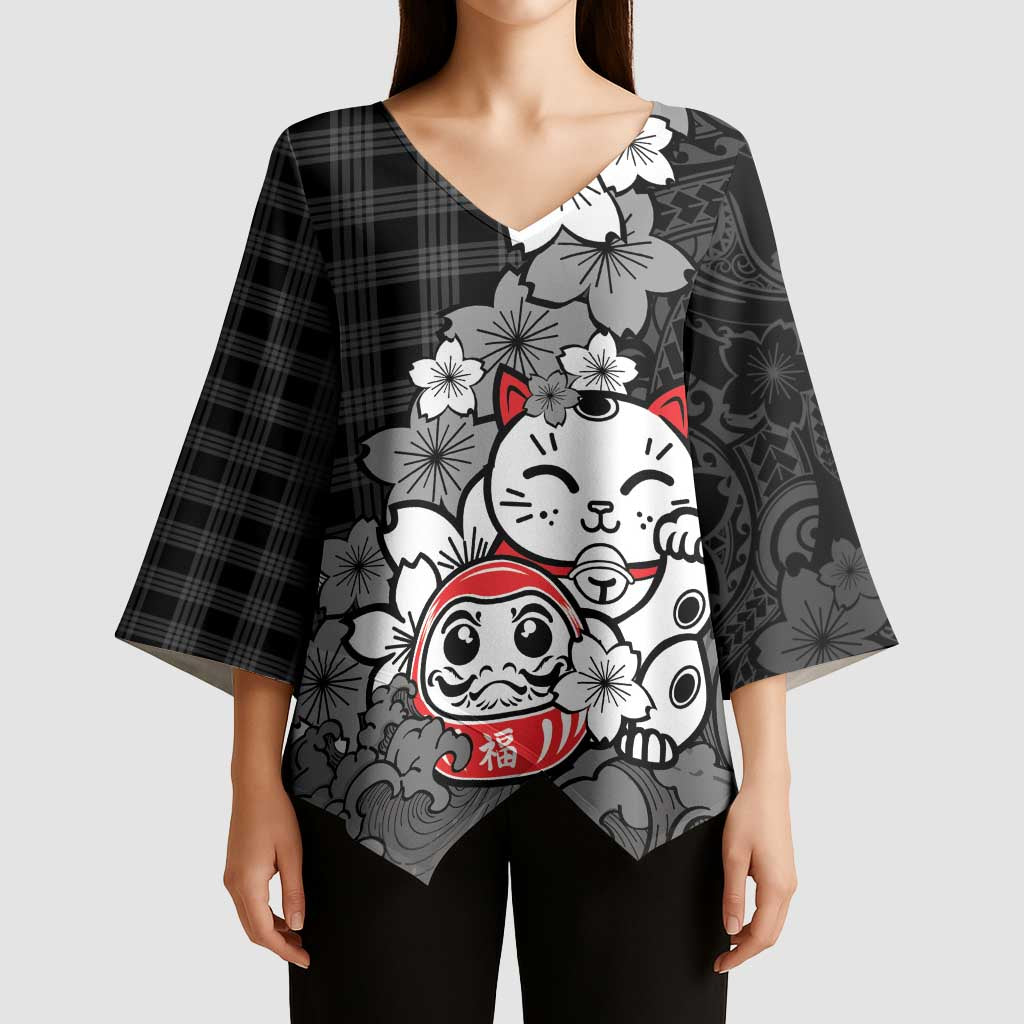 Black Palaka Hawaiian And Japanese Kimono Sleeve Blouse Maneki Neko And Sakura Bloom DT05 - Polynesian Pride