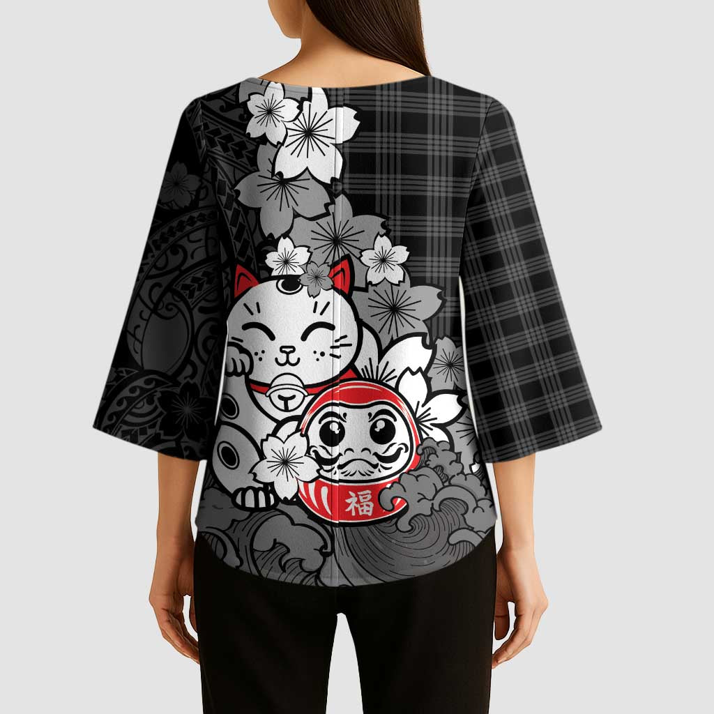 Black Palaka Hawaiian And Japanese Kimono Sleeve Blouse Maneki Neko And Sakura Bloom DT05 - Polynesian Pride