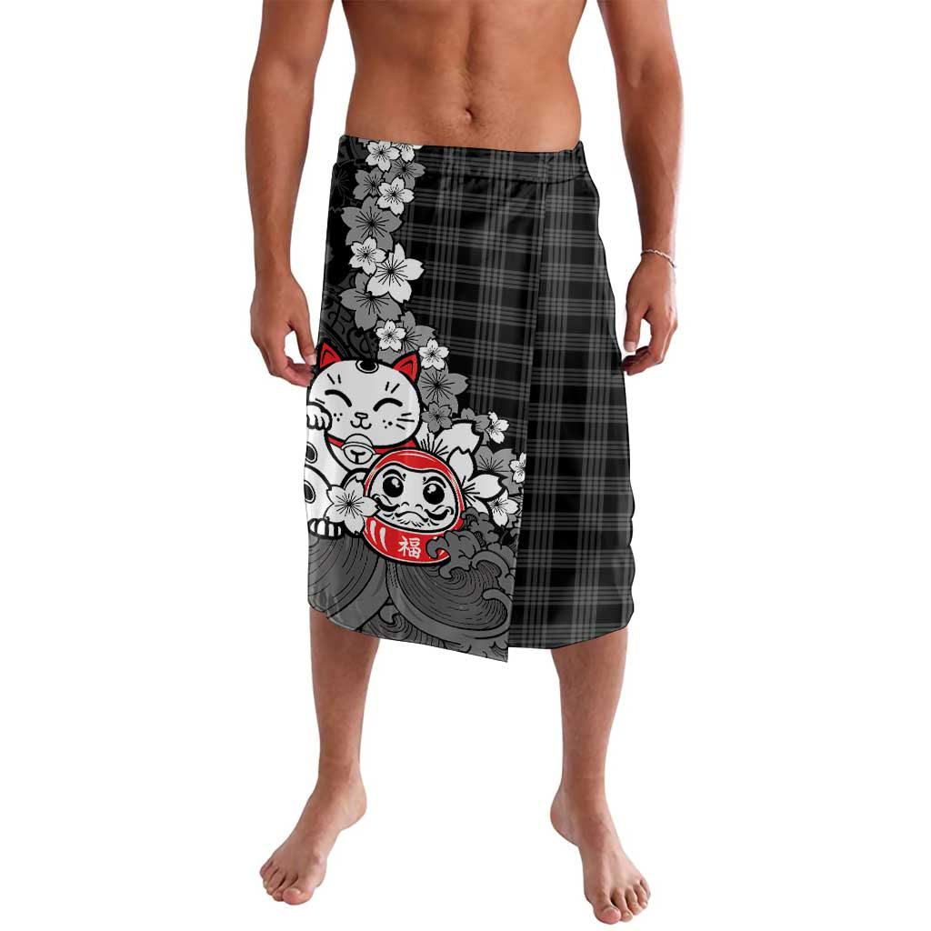 Black Palaka Hawaiian And Japanese Lavalava Maneki Neko And Sakura Bloom DT05 Black - Polynesian Pride