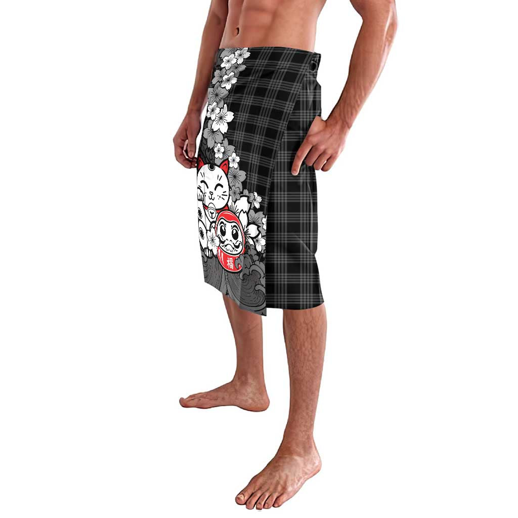 Black Palaka Hawaiian And Japanese Lavalava Maneki Neko And Sakura Bloom DT05 - Polynesian Pride