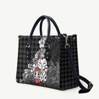 Black Palaka Hawaiian And Japanese Leather Bag Maneki Neko And Sakura Bloom DT05 Black - Polynesian Pride
