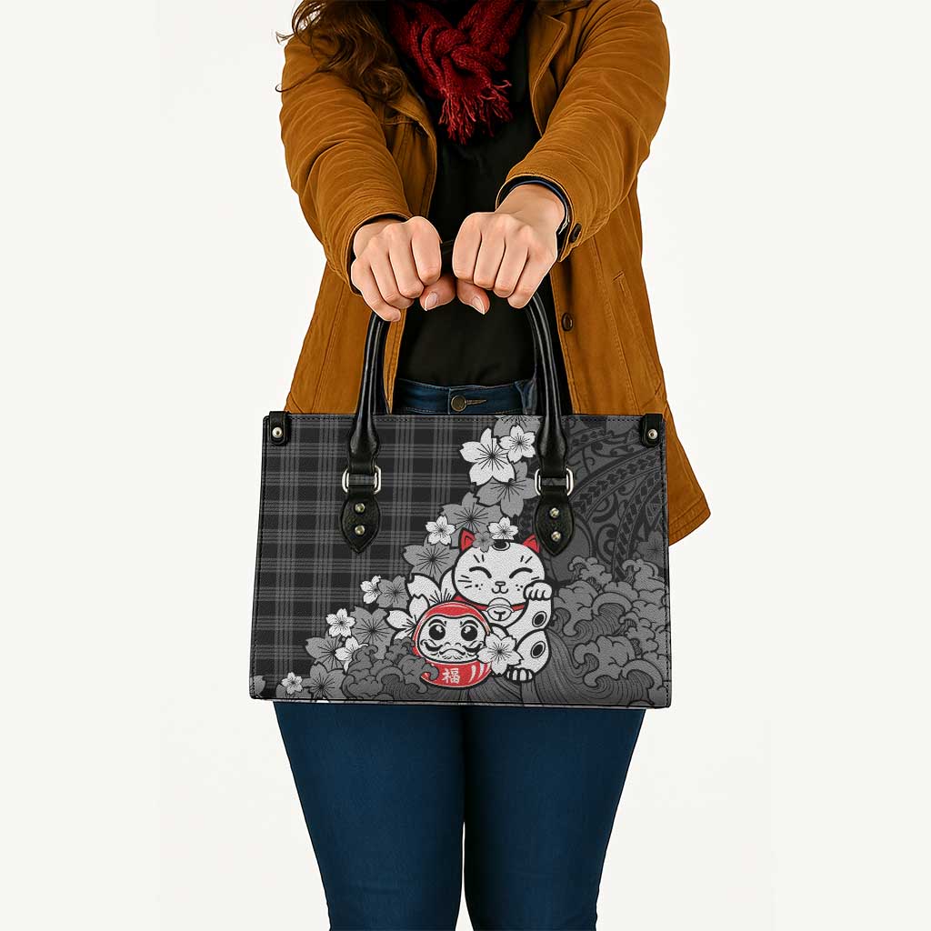 Black Palaka Hawaiian And Japanese Leather Bag Maneki Neko And Sakura Bloom DT05 - Polynesian Pride