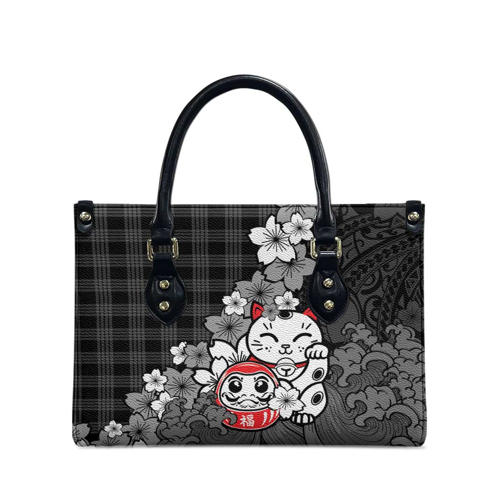 Black Palaka Hawaiian And Japanese Leather Bag Maneki Neko And Sakura Bloom DT05 - Polynesian Pride