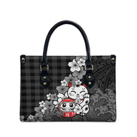 Black Palaka Hawaiian And Japanese Leather Bag Maneki Neko And Sakura Bloom DT05 - Polynesian Pride