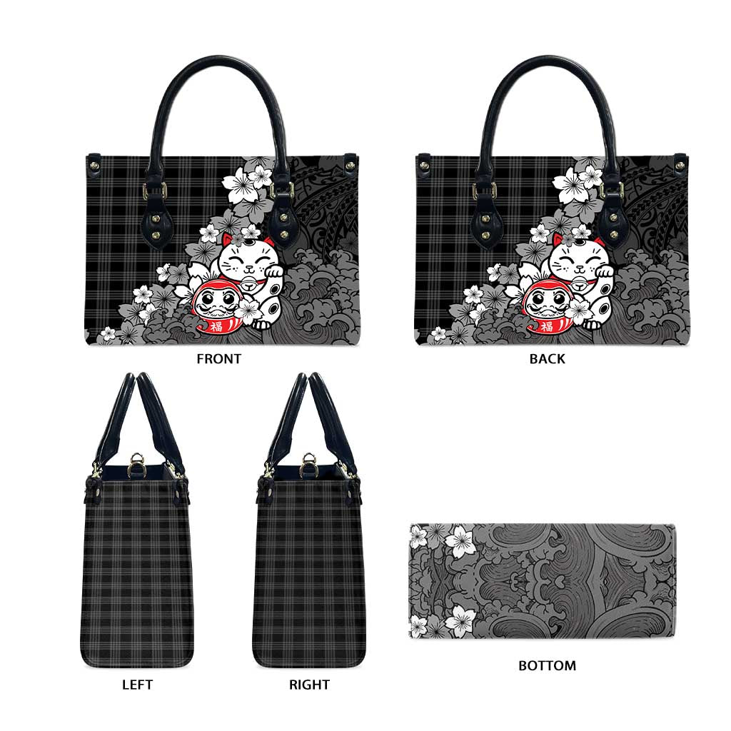 Black Palaka Hawaiian And Japanese Leather Bag Maneki Neko And Sakura Bloom DT05 - Polynesian Pride