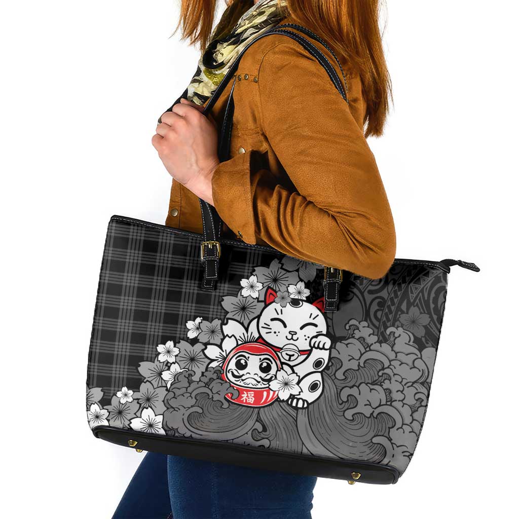 Black Palaka Hawaiian And Japanese Leather Tote Bag Maneki Neko And Sakura Bloom DT05 Black - Polynesian Pride
