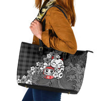 Black Palaka Hawaiian And Japanese Leather Tote Bag Maneki Neko And Sakura Bloom DT05 Black - Polynesian Pride