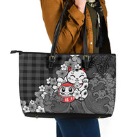 Black Palaka Hawaiian And Japanese Leather Tote Bag Maneki Neko And Sakura Bloom DT05 - Polynesian Pride