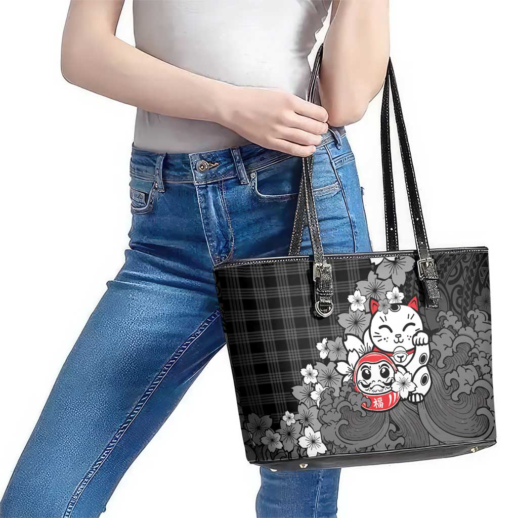 Black Palaka Hawaiian And Japanese Leather Tote Bag Maneki Neko And Sakura Bloom DT05 - Polynesian Pride