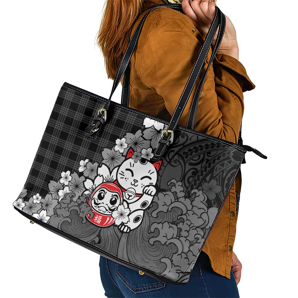 Black Palaka Hawaiian And Japanese Leather Tote Bag Maneki Neko And Sakura Bloom DT05 - Polynesian Pride