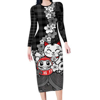 Black Palaka Hawaiian And Japanese Long Sleeve Bodycon Dress Maneki Neko And Sakura Bloom DT05 Long Dress Black - Polynesian Pride