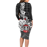 Black Palaka Hawaiian And Japanese Long Sleeve Bodycon Dress Maneki Neko And Sakura Bloom DT05 - Polynesian Pride