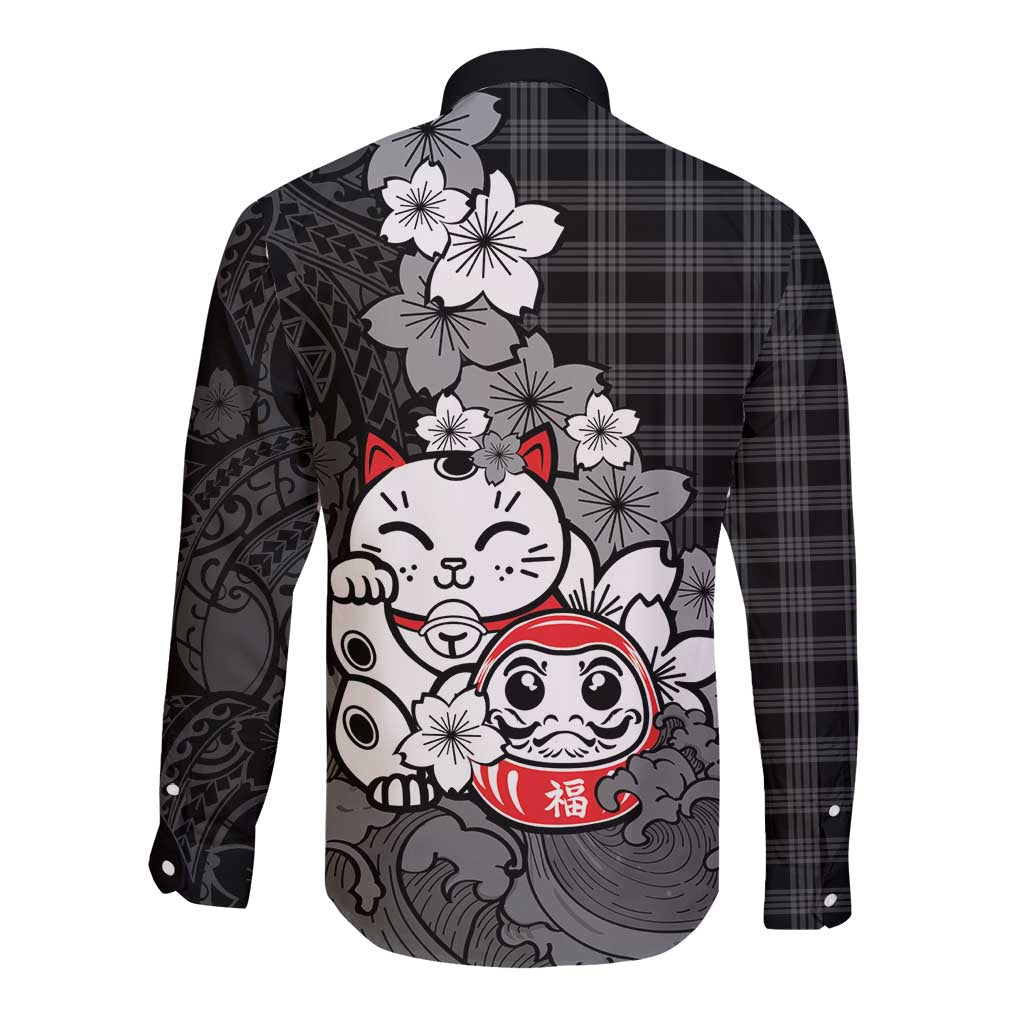 Black Palaka Hawaiian And Japanese Long Sleeve Button Shirt Maneki Neko And Sakura Bloom DT05 - Polynesian Pride
