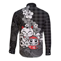 Black Palaka Hawaiian And Japanese Long Sleeve Button Shirt Maneki Neko And Sakura Bloom DT05 - Polynesian Pride