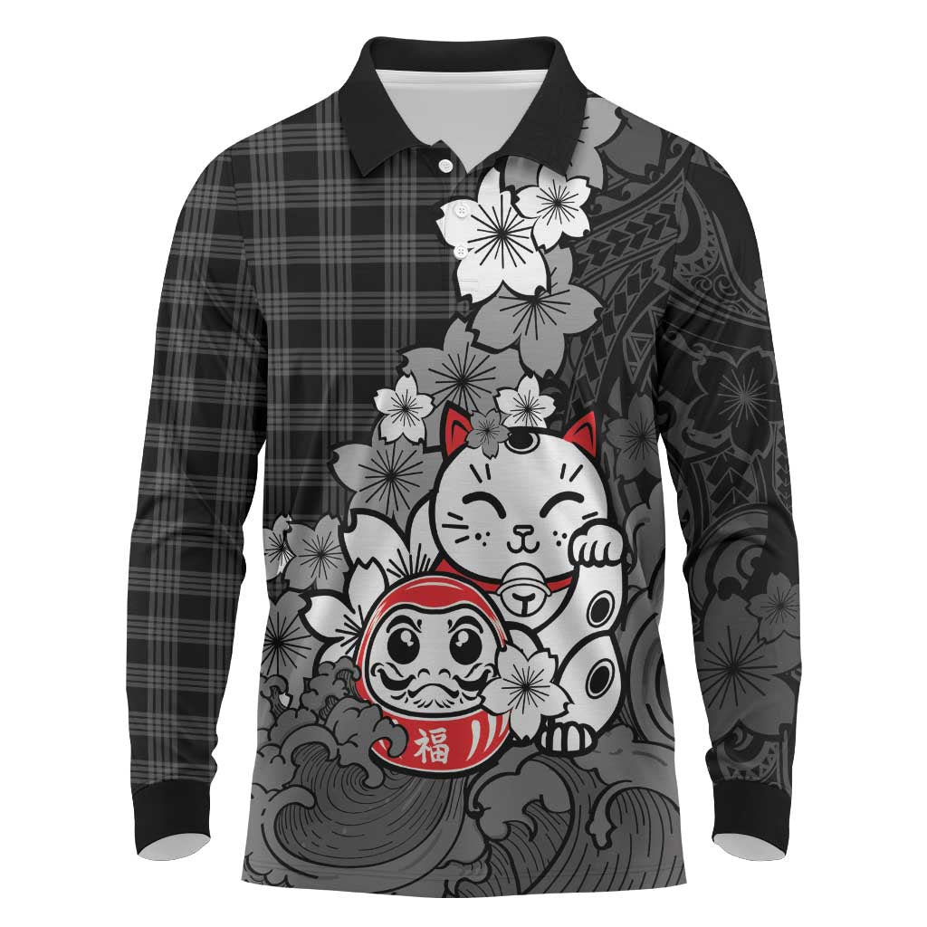 Black Palaka Hawaiian And Japanese Long Sleeve Polo Shirt Maneki Neko And Sakura Bloom DT05 Black - Polynesian Pride