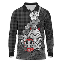 Black Palaka Hawaiian And Japanese Long Sleeve Polo Shirt Maneki Neko And Sakura Bloom DT05 Black - Polynesian Pride