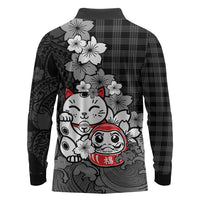 Black Palaka Hawaiian And Japanese Long Sleeve Polo Shirt Maneki Neko And Sakura Bloom DT05 - Polynesian Pride