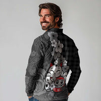 Black Palaka Hawaiian And Japanese Long Sleeve Polo Shirt Maneki Neko And Sakura Bloom DT05 - Polynesian Pride
