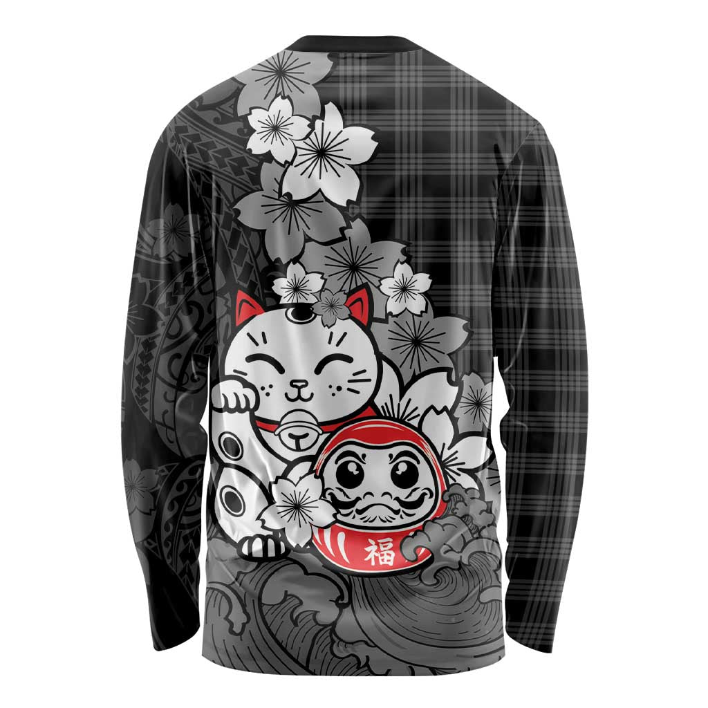 Black Palaka Hawaiian And Japanese Long Sleeve Shirt Maneki Neko And Sakura Bloom DT05 - Polynesian Pride