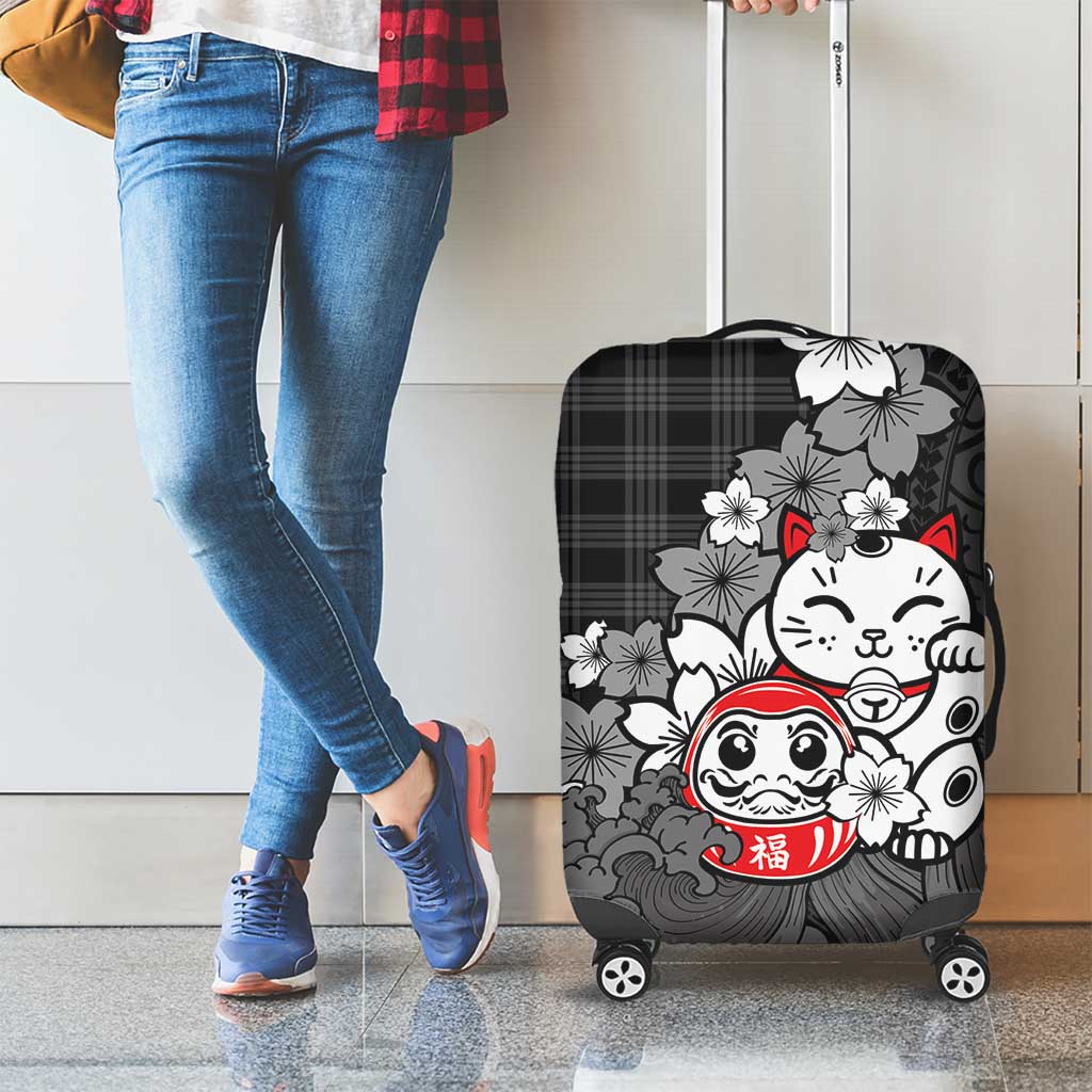 Black Palaka Hawaiian And Japanese Luggage Cover Maneki Neko And Sakura Bloom DT05 - Polynesian Pride