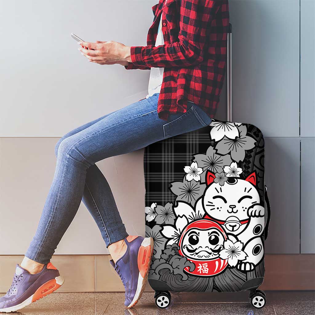 Black Palaka Hawaiian And Japanese Luggage Cover Maneki Neko And Sakura Bloom DT05 - Polynesian Pride
