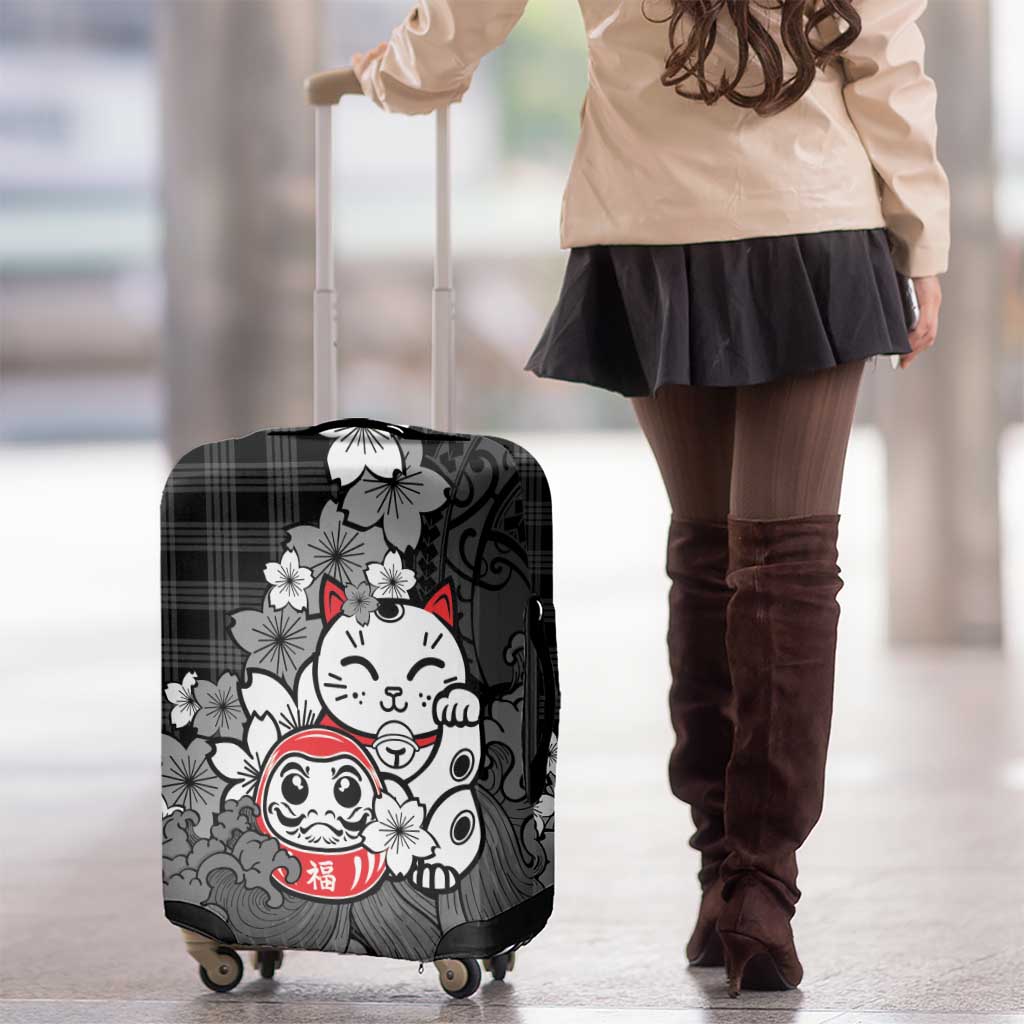Black Palaka Hawaiian And Japanese Luggage Cover Maneki Neko And Sakura Bloom DT05 - Polynesian Pride