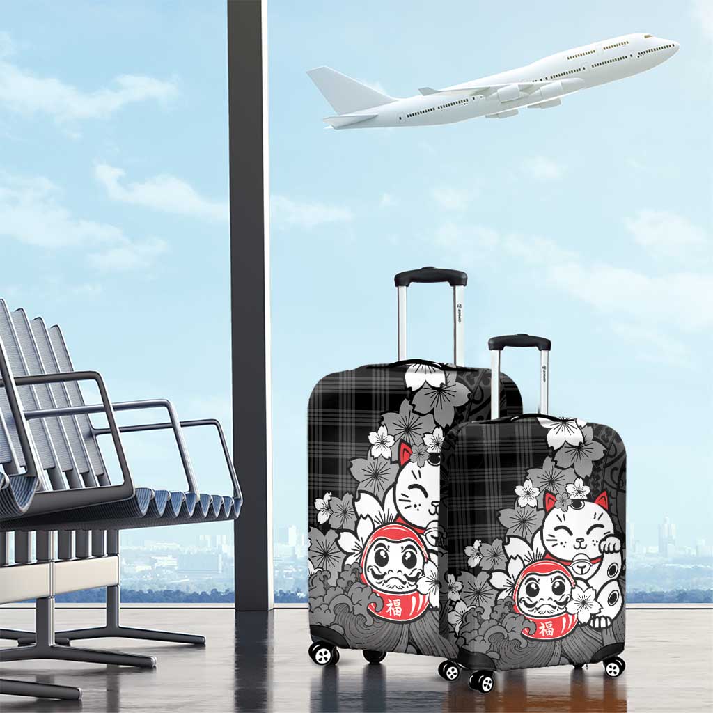 Black Palaka Hawaiian And Japanese Luggage Cover Maneki Neko And Sakura Bloom DT05 - Polynesian Pride