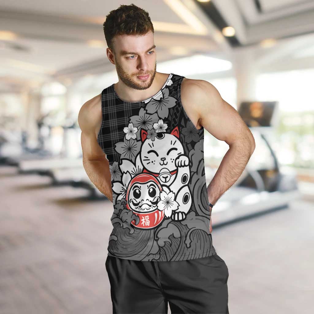 Black Palaka Hawaiian And Japanese Men Tank Top Maneki Neko And Sakura Bloom DT05 Black - Polynesian Pride