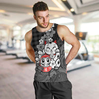 Black Palaka Hawaiian And Japanese Men Tank Top Maneki Neko And Sakura Bloom DT05 Black - Polynesian Pride