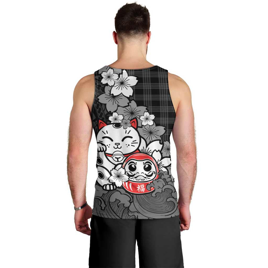 Black Palaka Hawaiian And Japanese Men Tank Top Maneki Neko And Sakura Bloom DT05 - Polynesian Pride