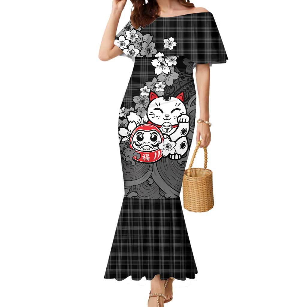 Black Palaka Hawaiian And Japanese Mermaid Dress Maneki Neko And Sakura Bloom DT05 Women Black - Polynesian Pride