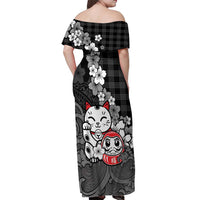 Black Palaka Hawaiian And Japanese Off Shoulder Maxi Dress Maneki Neko And Sakura Bloom DT05 - Polynesian Pride