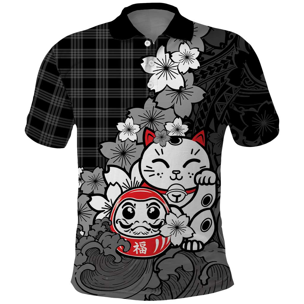 Black Palaka Hawaiian And Japanese Polo Shirt Maneki Neko And Sakura Bloom DT05 Black - Polynesian Pride