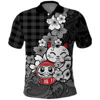Black Palaka Hawaiian And Japanese Polo Shirt Maneki Neko And Sakura Bloom DT05 Black - Polynesian Pride