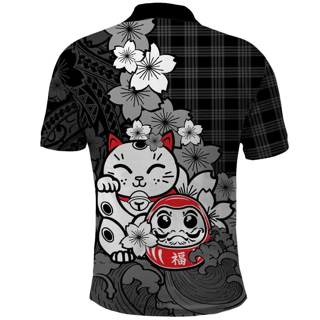 Black Palaka Hawaiian And Japanese Polo Shirt Maneki Neko And Sakura Bloom DT05 - Polynesian Pride