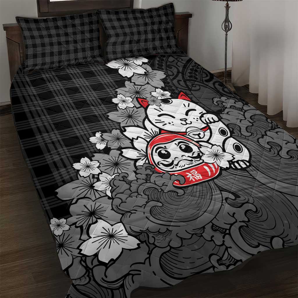 Black Palaka Hawaiian And Japanese Quilt Bed Set Maneki Neko And Sakura Bloom DT05 Black - Polynesian Pride