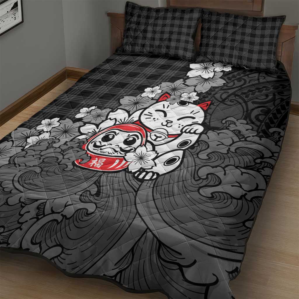 Black Palaka Hawaiian And Japanese Quilt Bed Set Maneki Neko And Sakura Bloom DT05 - Polynesian Pride