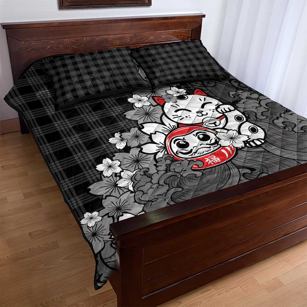 Black Palaka Hawaiian And Japanese Quilt Bed Set Maneki Neko And Sakura Bloom DT05 - Polynesian Pride