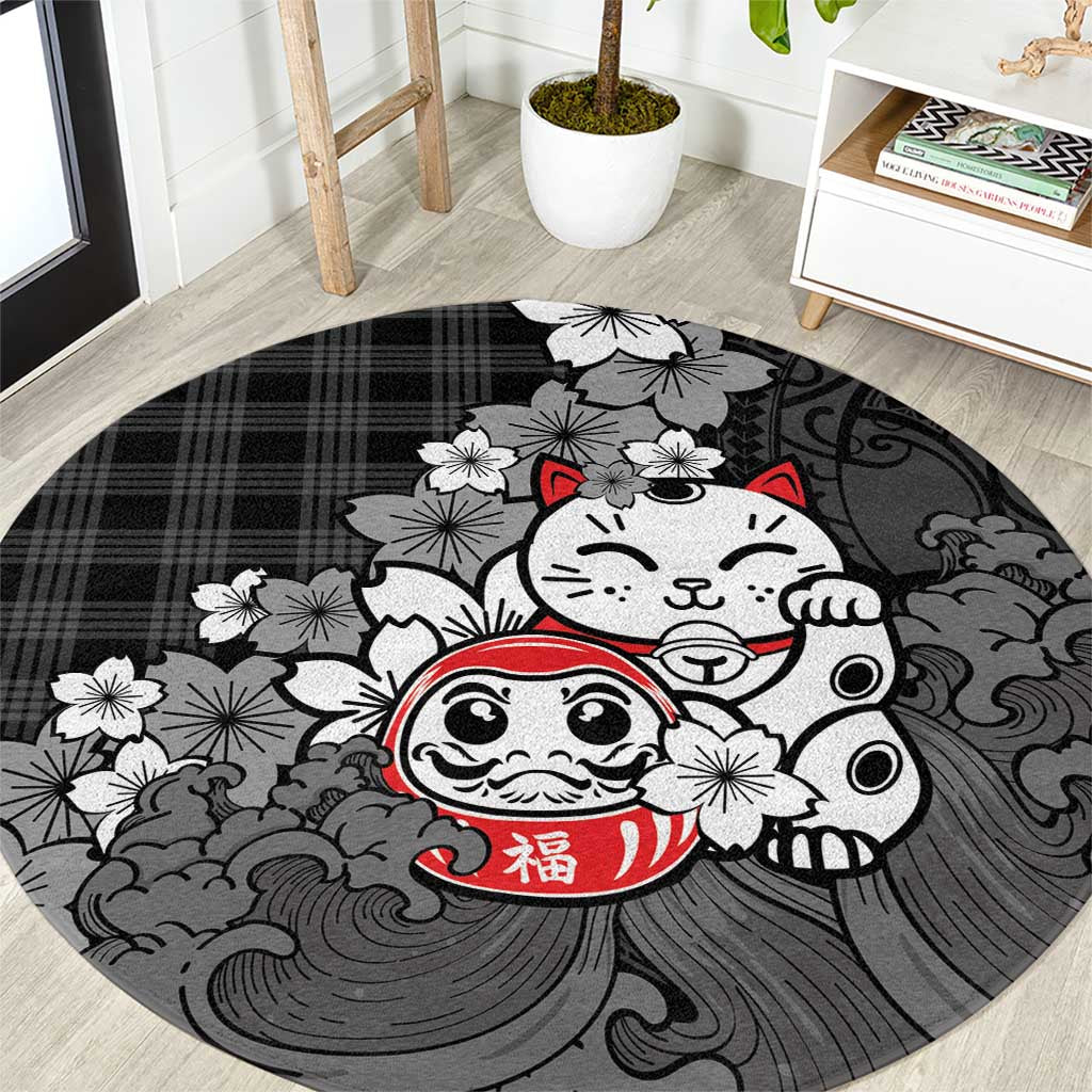 Black Palaka Hawaiian And Japanese Round Carpet Maneki Neko And Sakura Bloom DT05 Black - Polynesian Pride