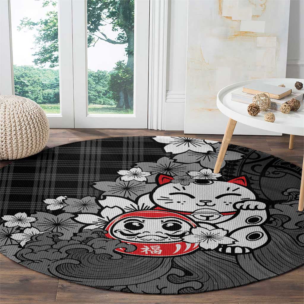 Black Palaka Hawaiian And Japanese Round Carpet Maneki Neko And Sakura Bloom DT05 - Polynesian Pride