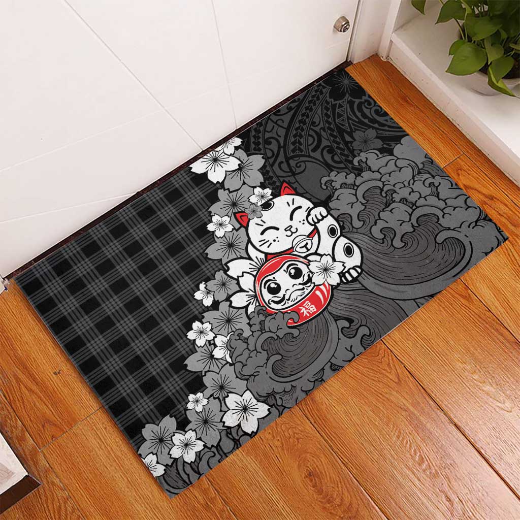 Black Palaka Hawaiian And Japanese Rubber Doormat Maneki Neko And Sakura Bloom DT05 - Polynesian Pride