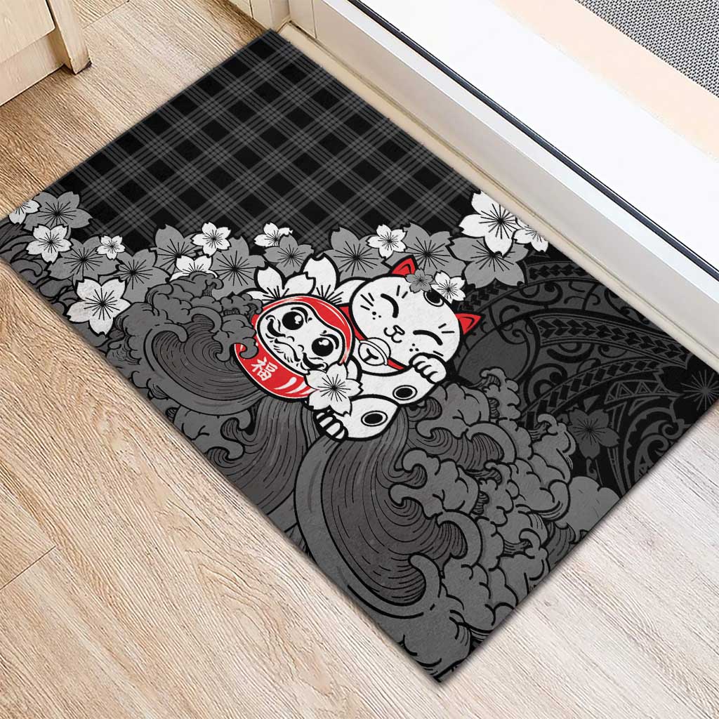 Black Palaka Hawaiian And Japanese Rubber Doormat Maneki Neko And Sakura Bloom DT05 - Polynesian Pride