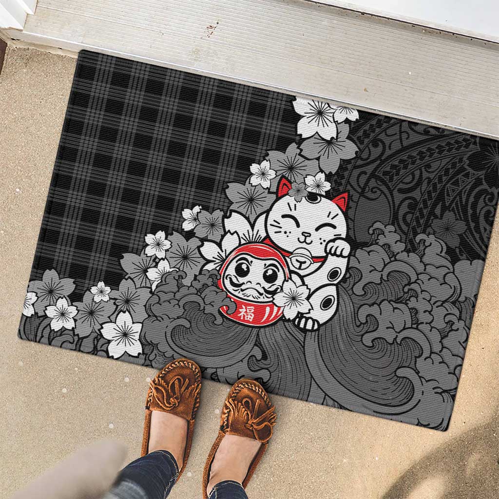 Black Palaka Hawaiian And Japanese Rubber Doormat Maneki Neko And Sakura Bloom DT05 - Polynesian Pride
