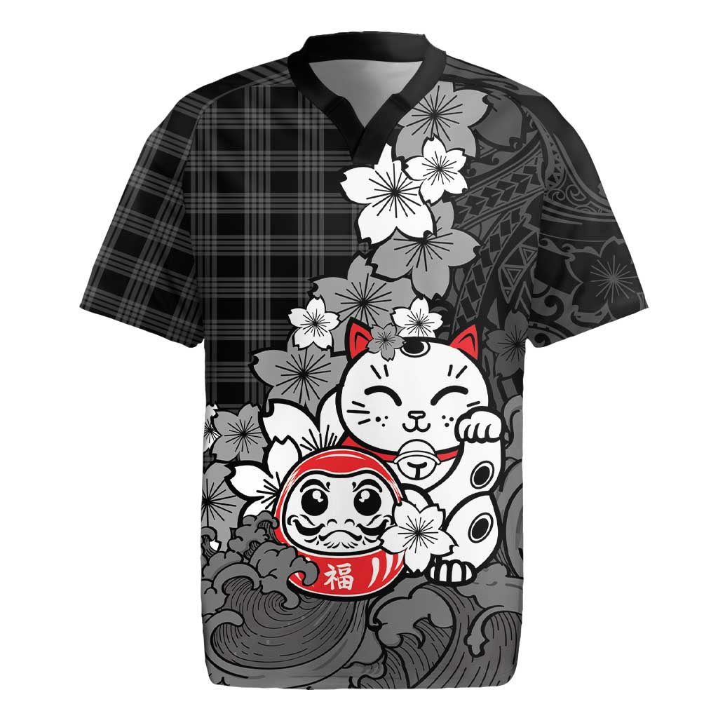 Black Palaka Hawaiian And Japanese Rugby Jersey Maneki Neko And Sakura Bloom DT05 Black - Polynesian Pride