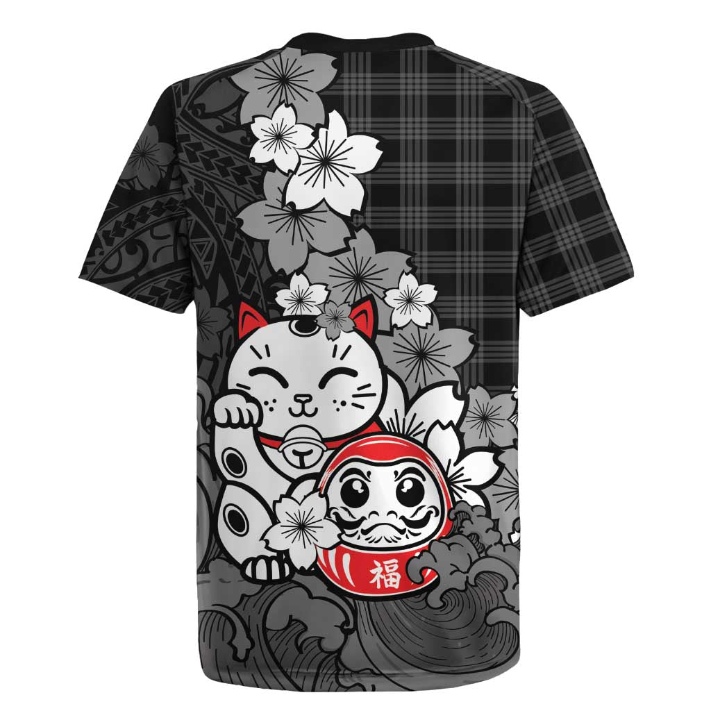 Black Palaka Hawaiian And Japanese Rugby Jersey Maneki Neko And Sakura Bloom DT05 - Polynesian Pride