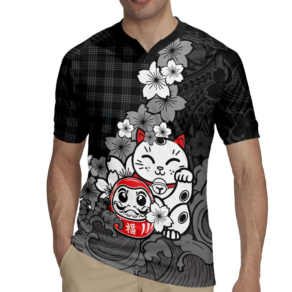 Black Palaka Hawaiian And Japanese Rugby Jersey Maneki Neko And Sakura Bloom DT05 - Polynesian Pride