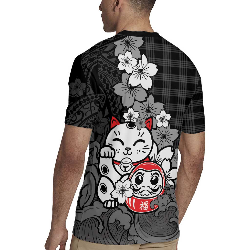 Black Palaka Hawaiian And Japanese Rugby Jersey Maneki Neko And Sakura Bloom DT05 - Polynesian Pride